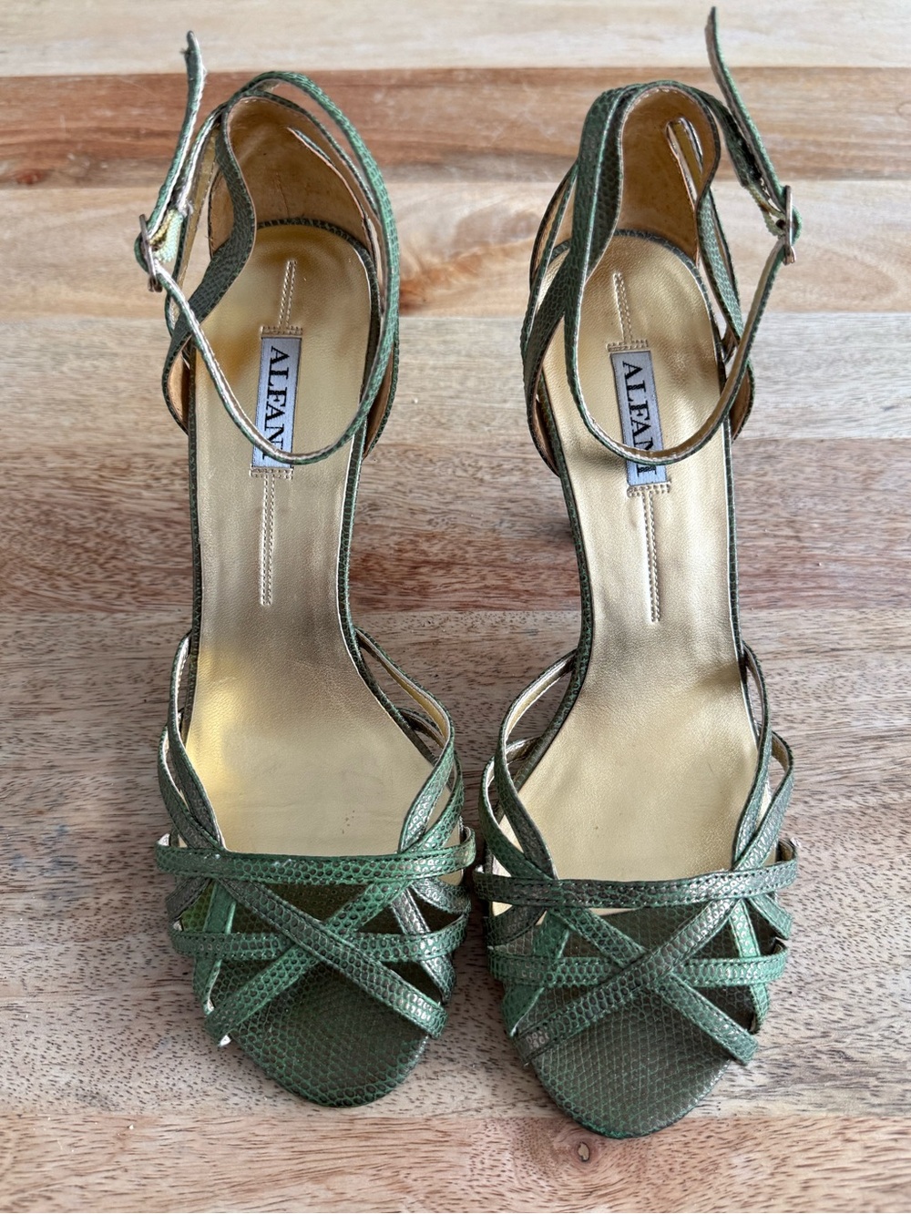 Alfani Metallic Green Strappy Ankle‑Buckle Heels